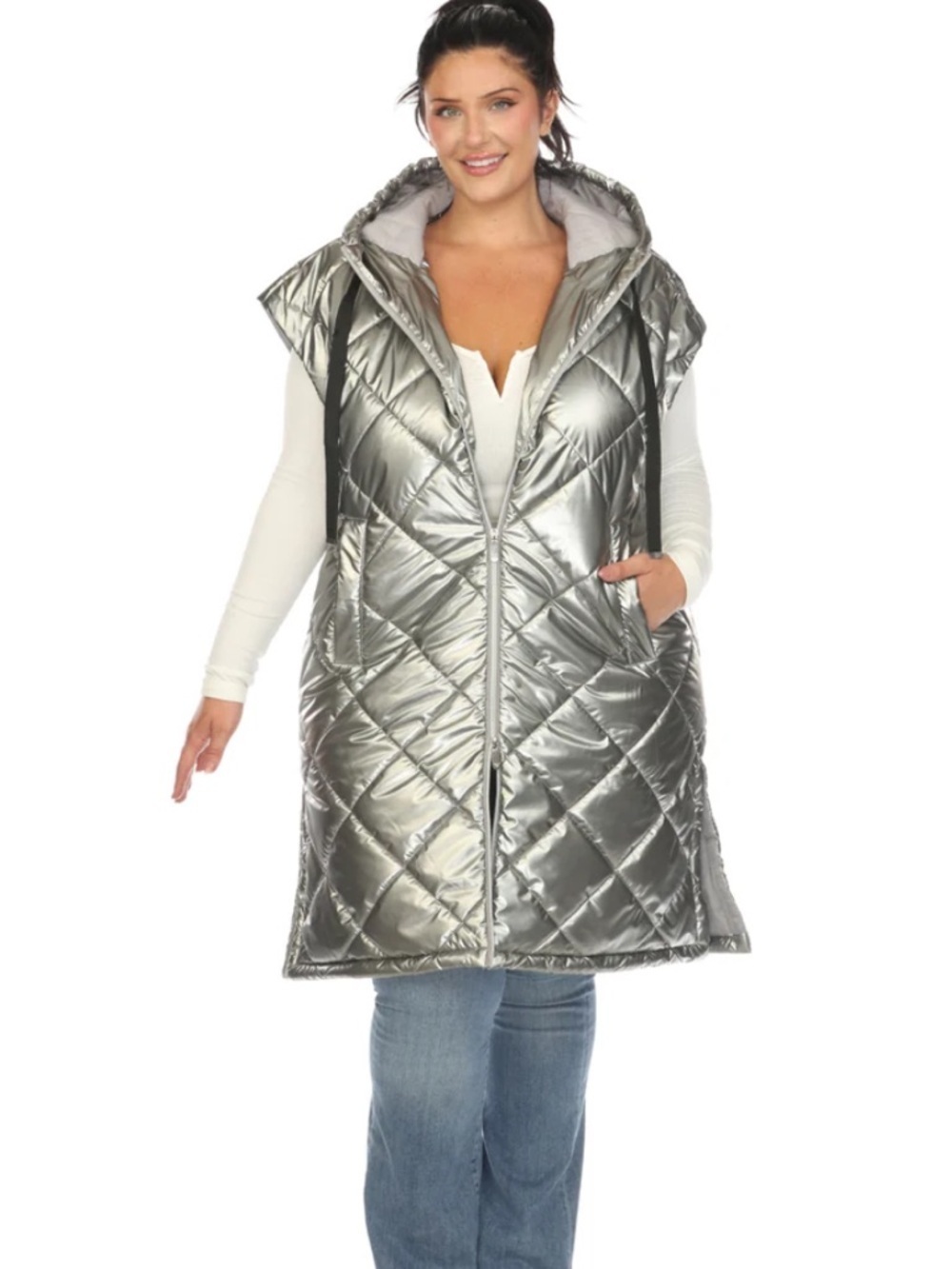 WOMEN'S PLUS SIZE METALLIC DIAMOND PUFFER VEST